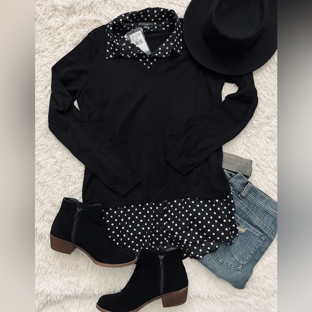 Knit long sleeve built in polka dots pattern button down collared shirt look